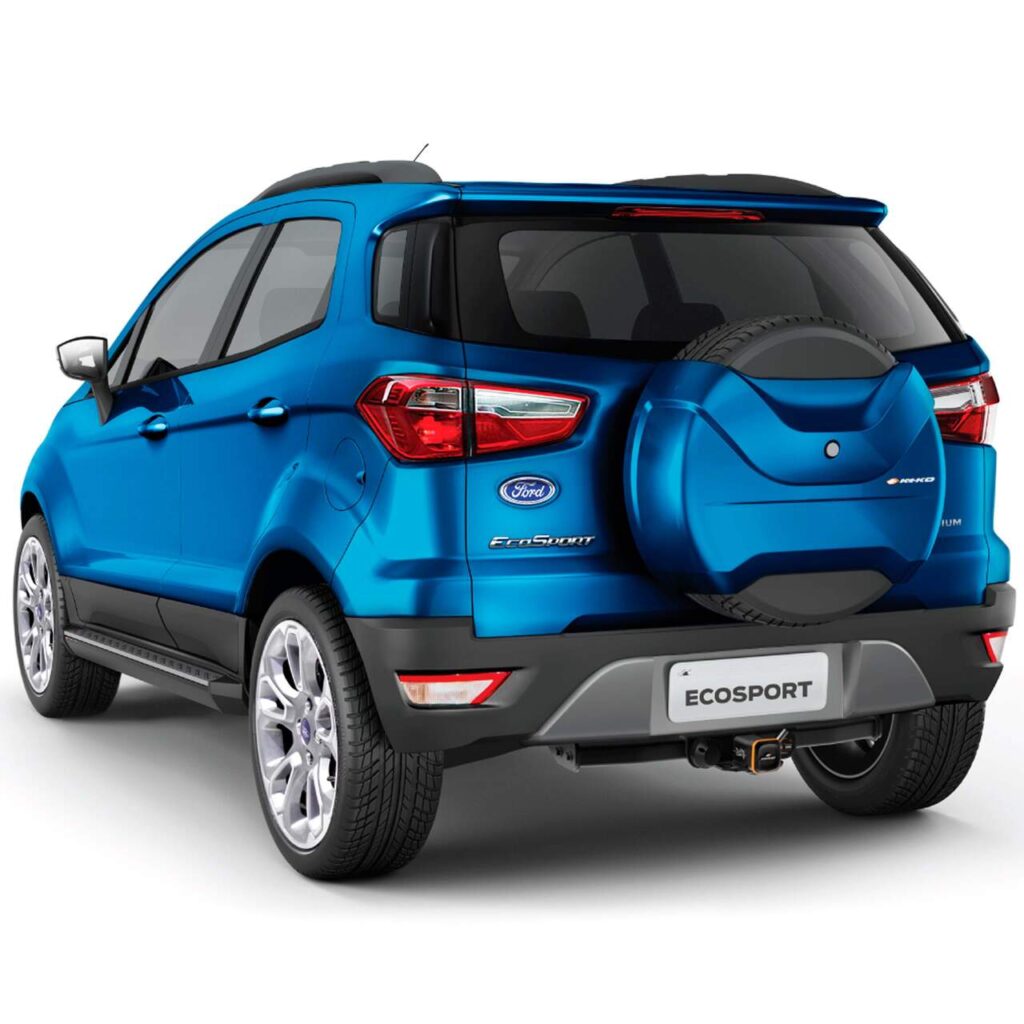 Imagem traseira do Ford EcoSport Titanium azul, destacando o design moderno e robusto. Ideal para ilustrar acessórios como o melhor estribo EcoSport, que complementa estilo e funcionalidade.