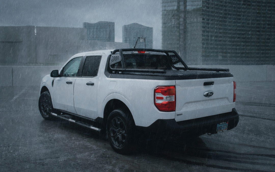 Imagem de pickup na chuva trafegando em estrada molhada, com faróis acesos, spray de água nos pneus, céu nublado, reflexos no asfalto e sensação de movimento, controle e segurança veicular.